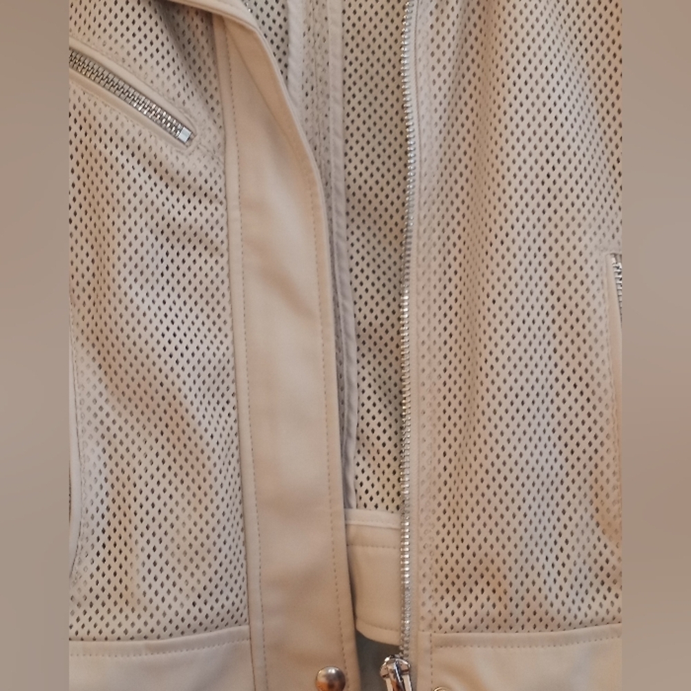 BLANK NYC Anthropologie Cream Laser Cut Faux Leather Boho Moto Bikercore Jacket - Picture 7 of 11